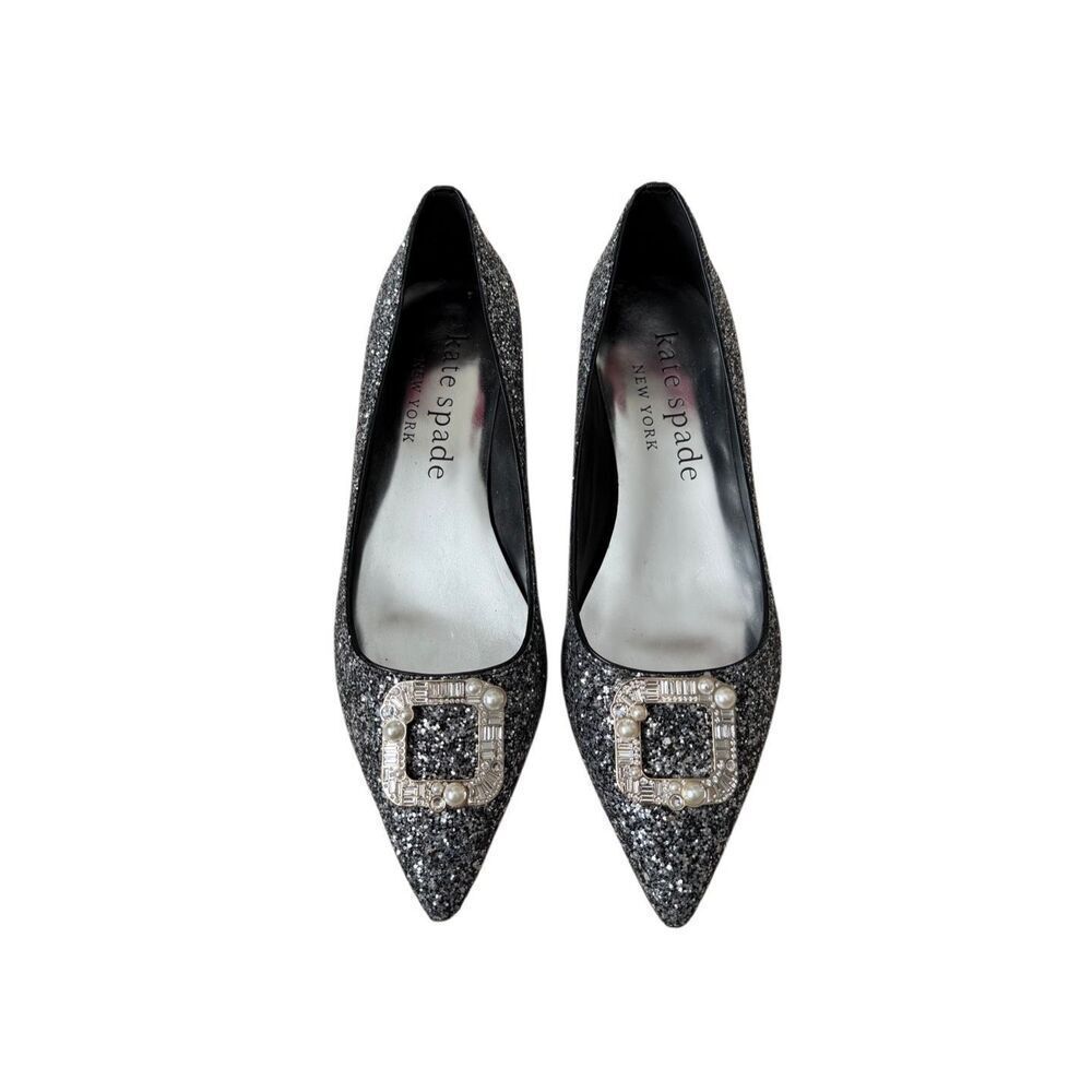 Kate Spade Buckle Up Glitter Flats Black Silver 10.5 Point Toe - Picture 2 of 9